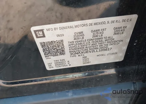 2020 Chevrolet Equinox Awd Lt 1.5L Turbo from USA, damaged, VIN 3GNAXUEV2LL105617